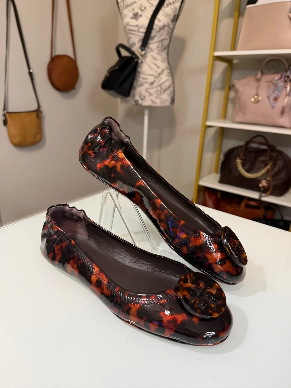 Tory Burch Tortoiseshell Patent Reva Ballet Flats - Brown/Black/Amber Sz 8.5